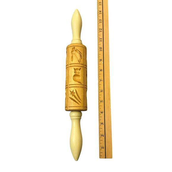 Birds Vintage Embossed Wood Rolling Pin Dough Roller Cookies 14" Engraved owl - Picture 3 of 6